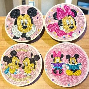 Colorful Mickey and Minnie Coasters Set of 4 w/Holder Hand Crafted Diamond Art